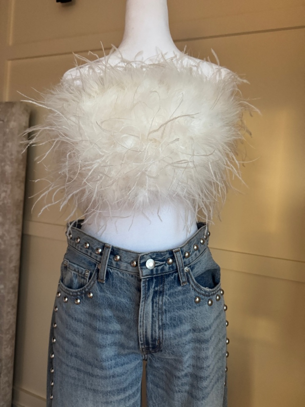 Lamarque Ivory Feather-Trim Strapless Bustier - Picture 7 of 11